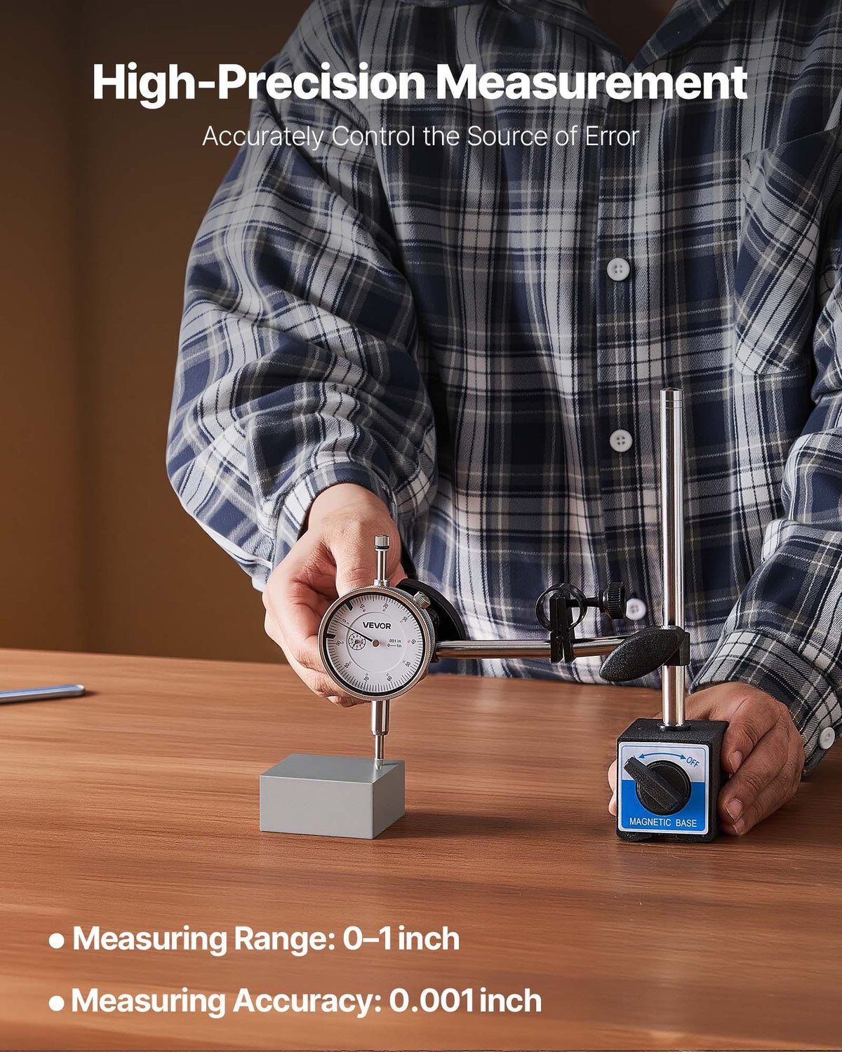 Dial Test Indicator with Dual Rod Stand and Storage Case, 0.03 mm Accuracy, 0-25.4mm Range, Fine Adjustable Long Arm, Non-Magnetic Centering Rods for Machine Set-Up, Narrow Area Measurement