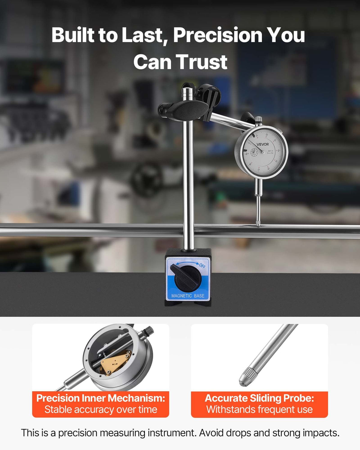 Dial Test Indicator with Dual Rod Stand and Storage Case, 0.03 mm Accuracy, 0-25.4mm Range, Fine Adjustable Long Arm, Non-Magnetic Centering Rods for Machine Set-Up, Narrow Area Measurement