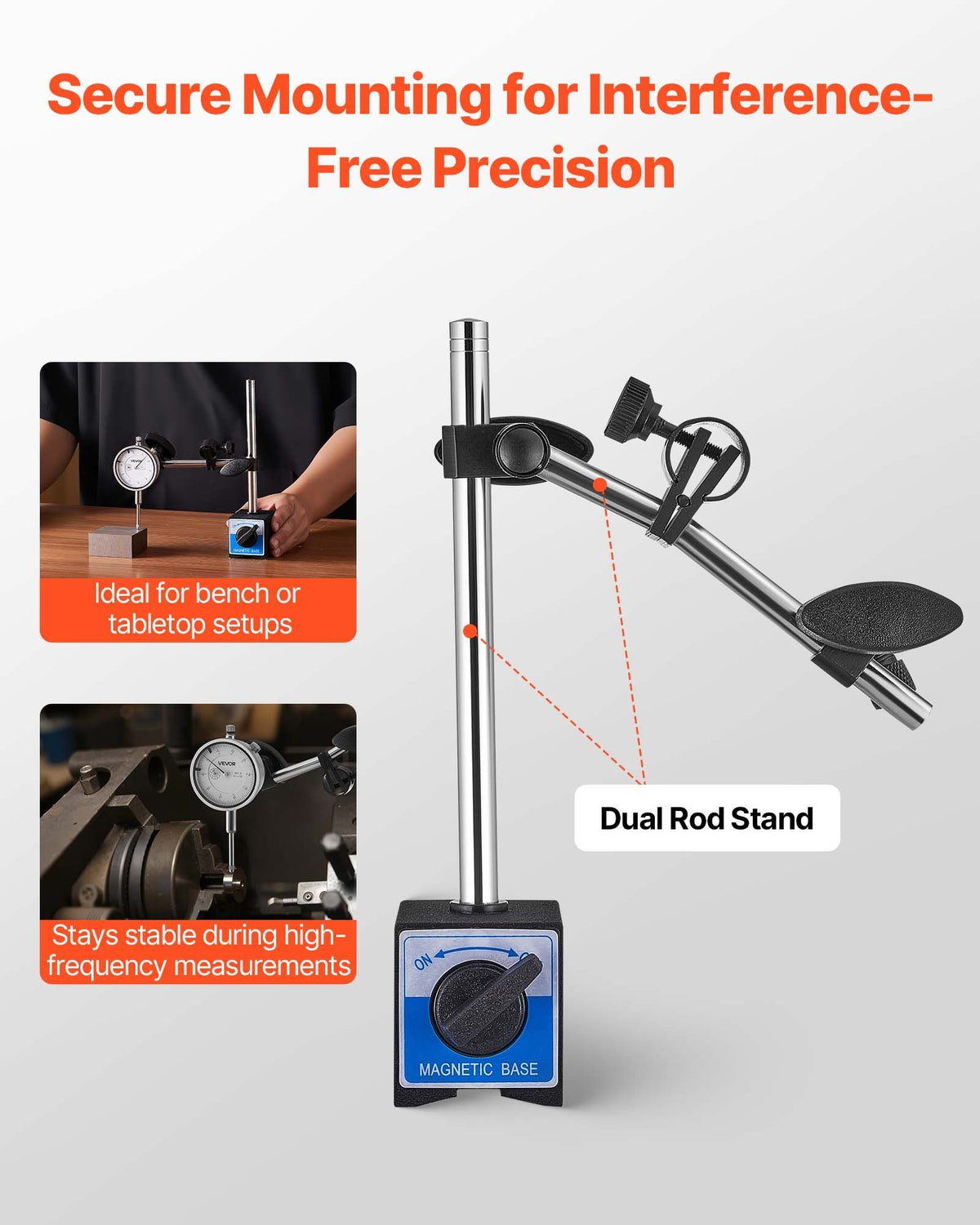 Dial Test Indicator with Dual Rod Stand and Storage Case, 0.03 mm Accuracy, 0-25.4mm Range, Fine Adjustable Long Arm, Non-Magnetic Centering Rods for Machine Set-Up, Narrow Area Measurement