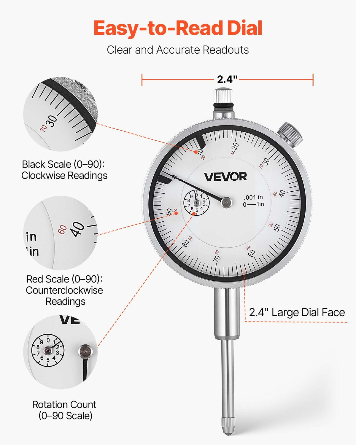 Dial Test Indicator with Dual Rod Stand and Storage Case, 0.03 mm Accuracy, 0-25.4mm Range, Fine Adjustable Long Arm, Non-Magnetic Centering Rods for Machine Set-Up, Narrow Area Measurement
