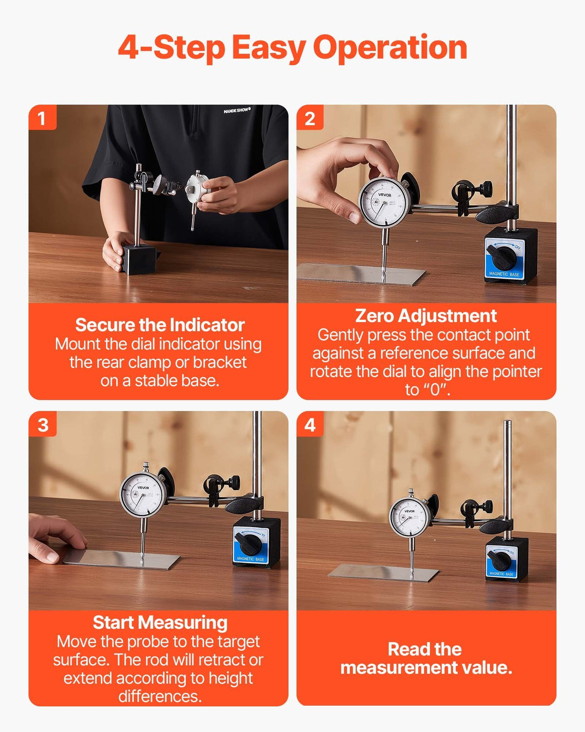 Dial Test Indicator with Dual Rod Stand and Storage Case, 0.03 mm Accuracy, 0-25.4mm Range, Fine Adjustable Long Arm, Non-Magnetic Centering Rods for Machine Set-Up, Narrow Area Measurement