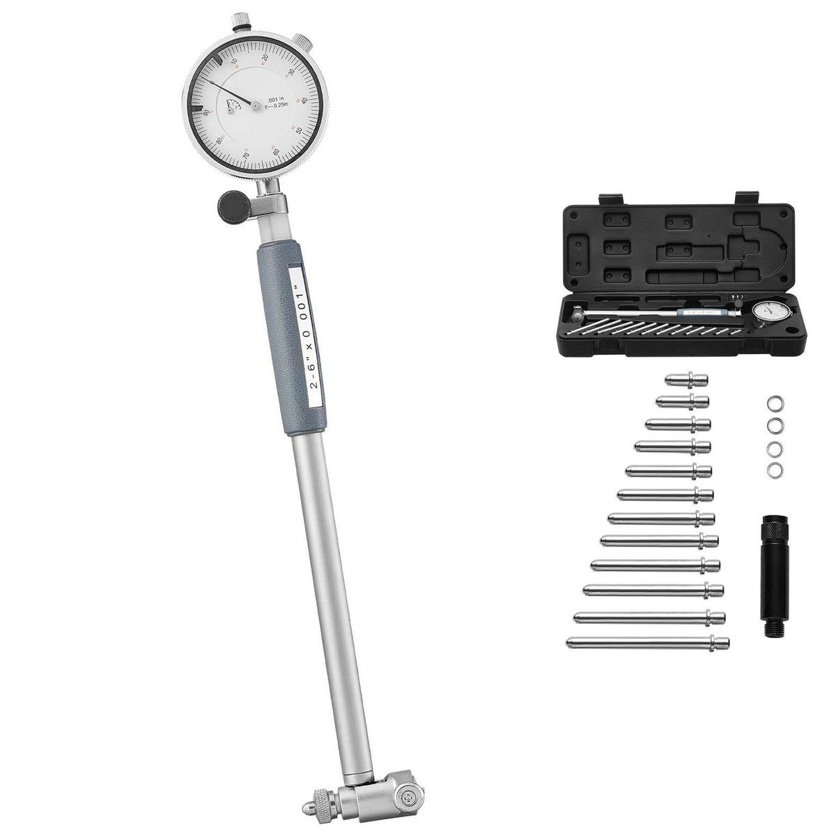Dial Test Indicator and Bore Gauge Measuring Tool Set, Dial Indicator 0.03 mm Accuracy, 50.8-152.4 mm Bore Range with Rod, Storage Case, Anvils for Industrial Machining Measurements