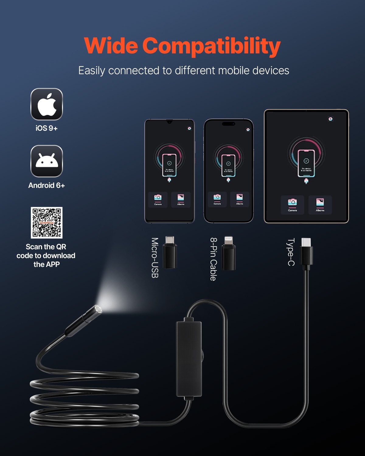 Endoscope Camera with Light, 1920P HD Borescope for Android & IOS, 8 LED Lights Inspection Camera with 3m Semi-Rigid Cable, 2X Zoom, IP67 Waterproof Snake Scope Cameras for Auto, Plumbing