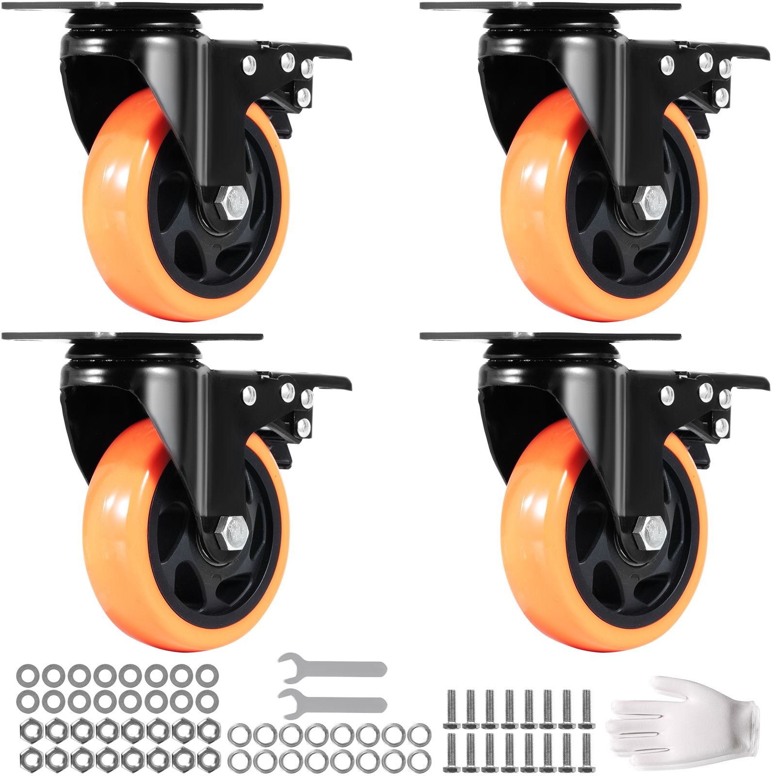 Caster Wheels, 101.6 mm Swivel Plate Casters, Set of 4, with Security A/B Locking No Noise PVC Wheels, Heavy Duty 159 kg Load Capacity Per Caster, Non-Marking Wheels for Cart Furniture Workbench
