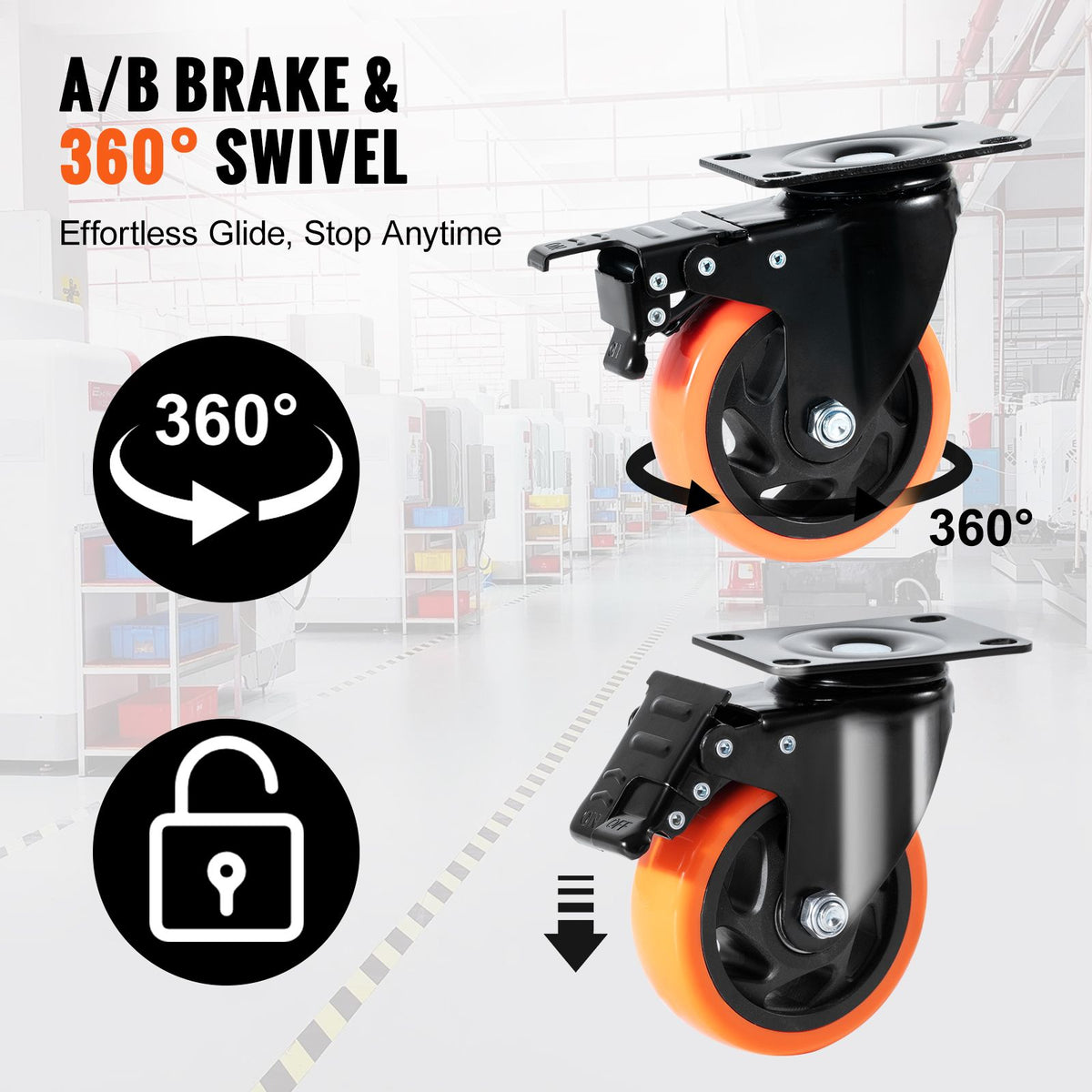Caster Wheels, 101.6 mm Swivel Plate Casters, Set of 4, with Security A/B Locking No Noise PVC Wheels, Heavy Duty 159 kg Load Capacity Per Caster, Non-Marking Wheels for Cart Furniture Workbench
