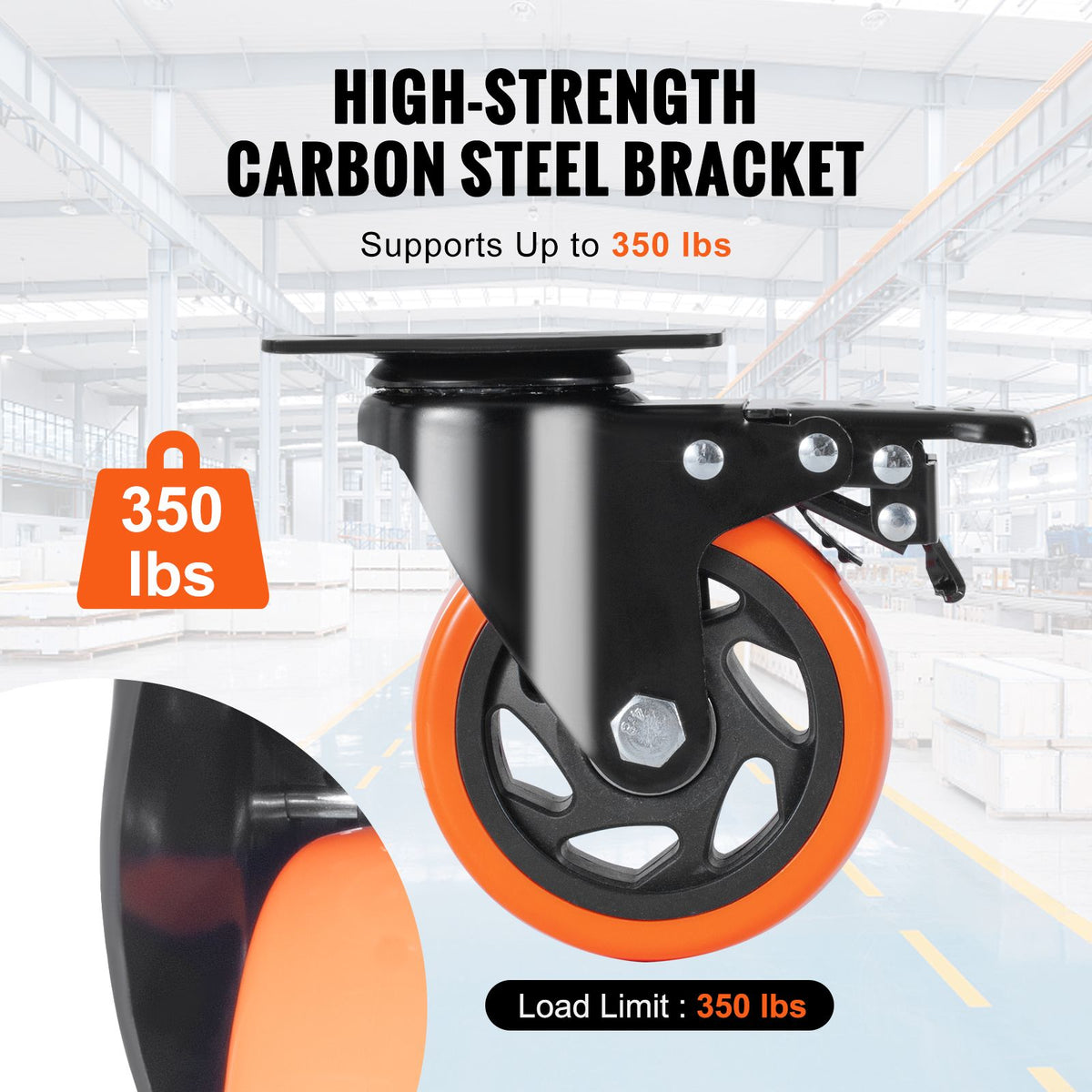 Caster Wheels, 101.6 mm Swivel Plate Casters, Set of 4, with Security A/B Locking No Noise PVC Wheels, Heavy Duty 159 kg Load Capacity Per Caster, Non-Marking Wheels for Cart Furniture Workbench