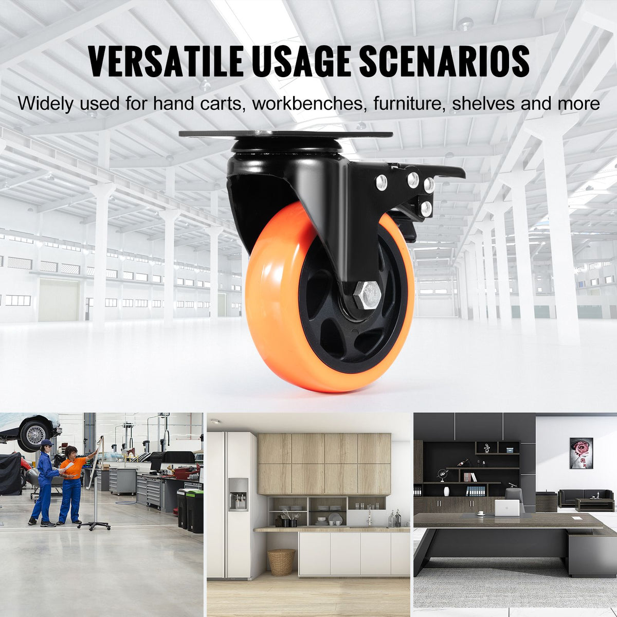 Caster Wheels, 101.6 mm Swivel Plate Casters, Set of 4, with Security A/B Locking No Noise PVC Wheels, Heavy Duty 159 kg Load Capacity Per Caster, Non-Marking Wheels for Cart Furniture Workbench