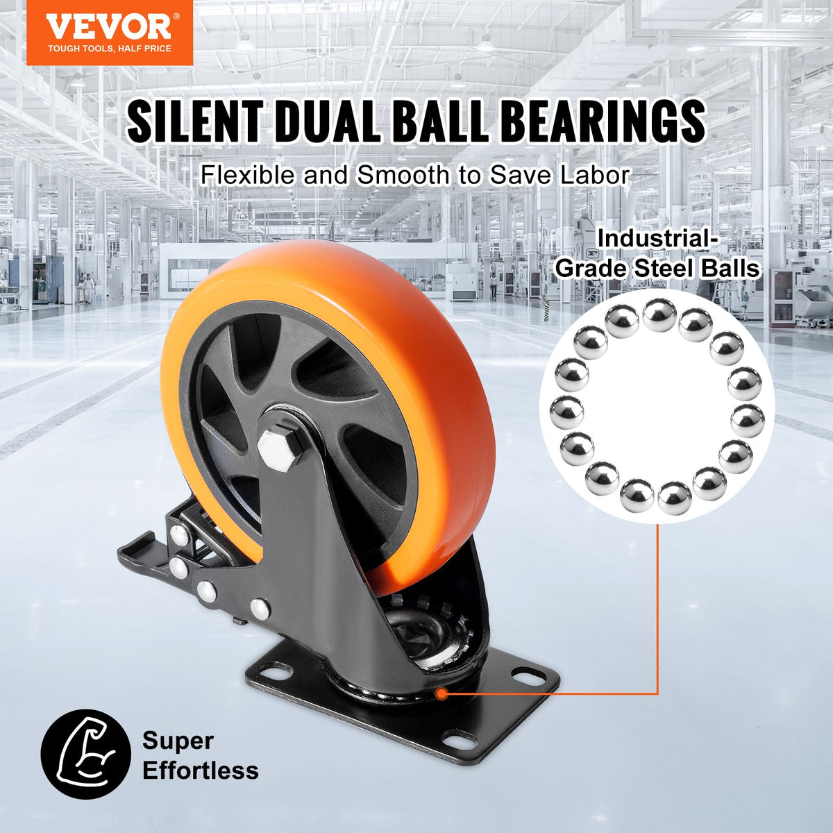 Caster Wheels, 127 mm Swivel Plate Casters, Set of 4, with Security A/B Locking No Noise PVC Wheels, Heavy Duty 204 kg Load Capacity Per Caster, Non-Marking Wheels for Cart Furniture Workbench