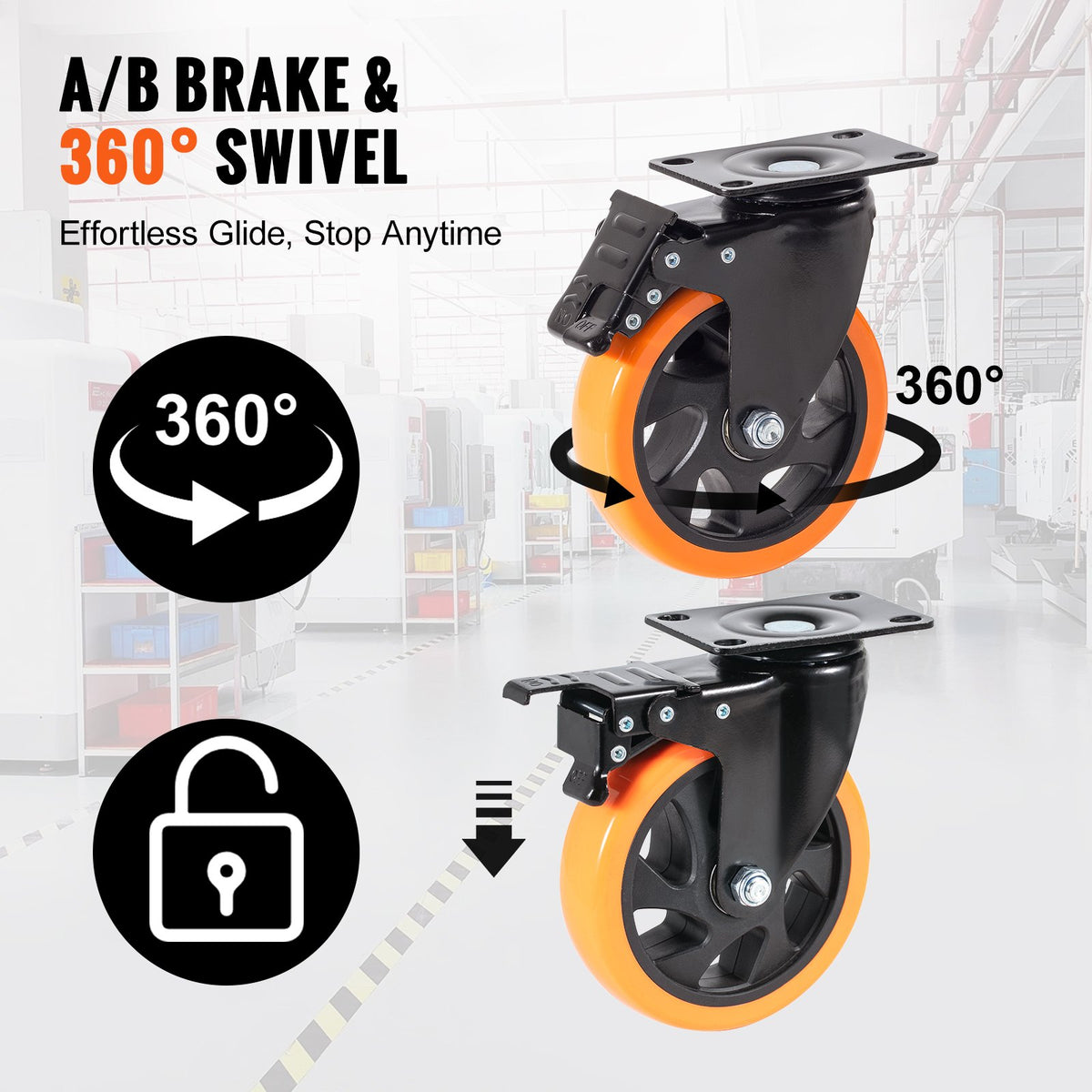 Caster Wheels, 127 mm Swivel Plate Casters, Set of 4, with Security A/B Locking No Noise PVC Wheels, Heavy Duty 204 kg Load Capacity Per Caster, Non-Marking Wheels for Cart Furniture Workbench