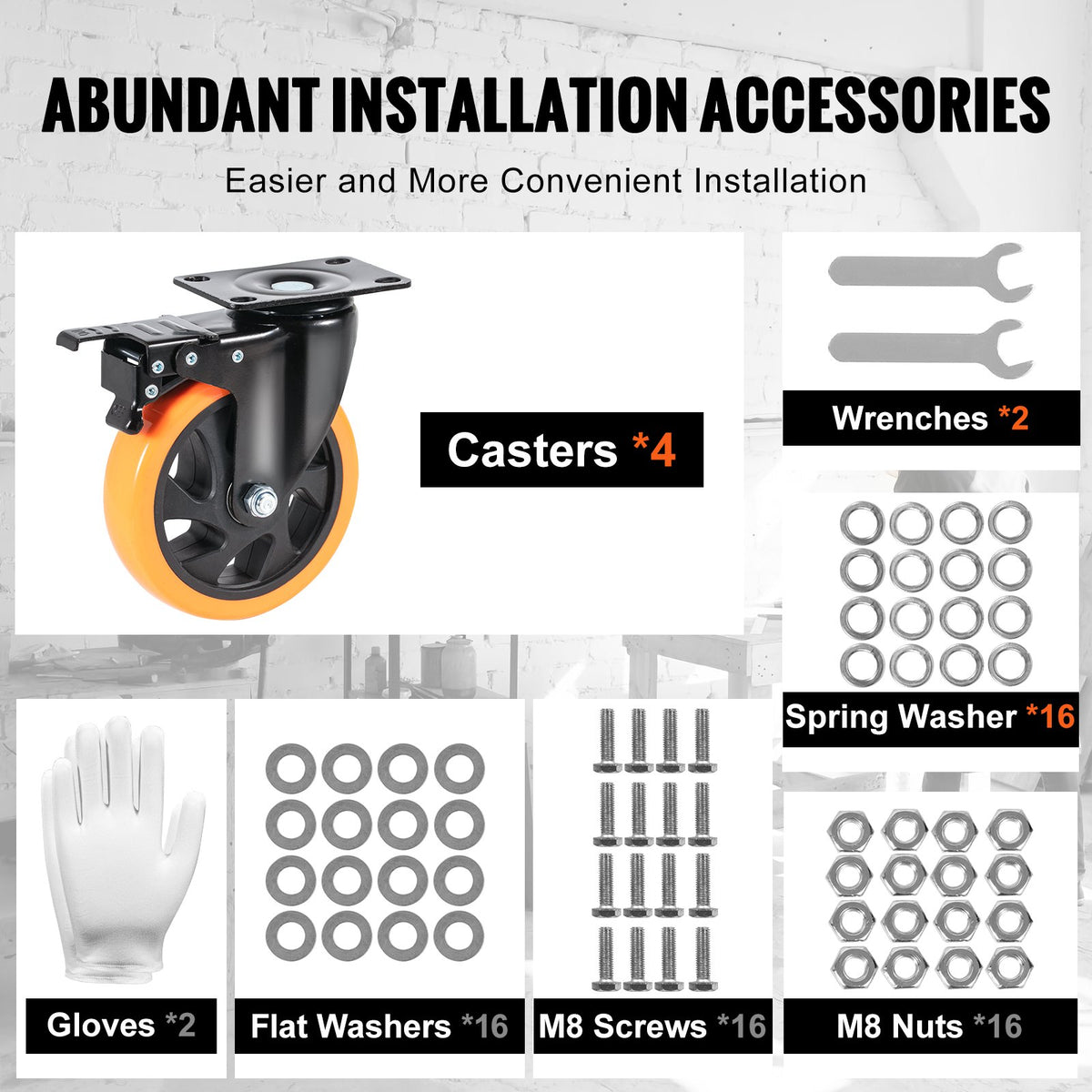 Caster Wheels, 127 mm Swivel Plate Casters, Set of 4, with Security A/B Locking No Noise PVC Wheels, Heavy Duty 204 kg Load Capacity Per Caster, Non-Marking Wheels for Cart Furniture Workbench