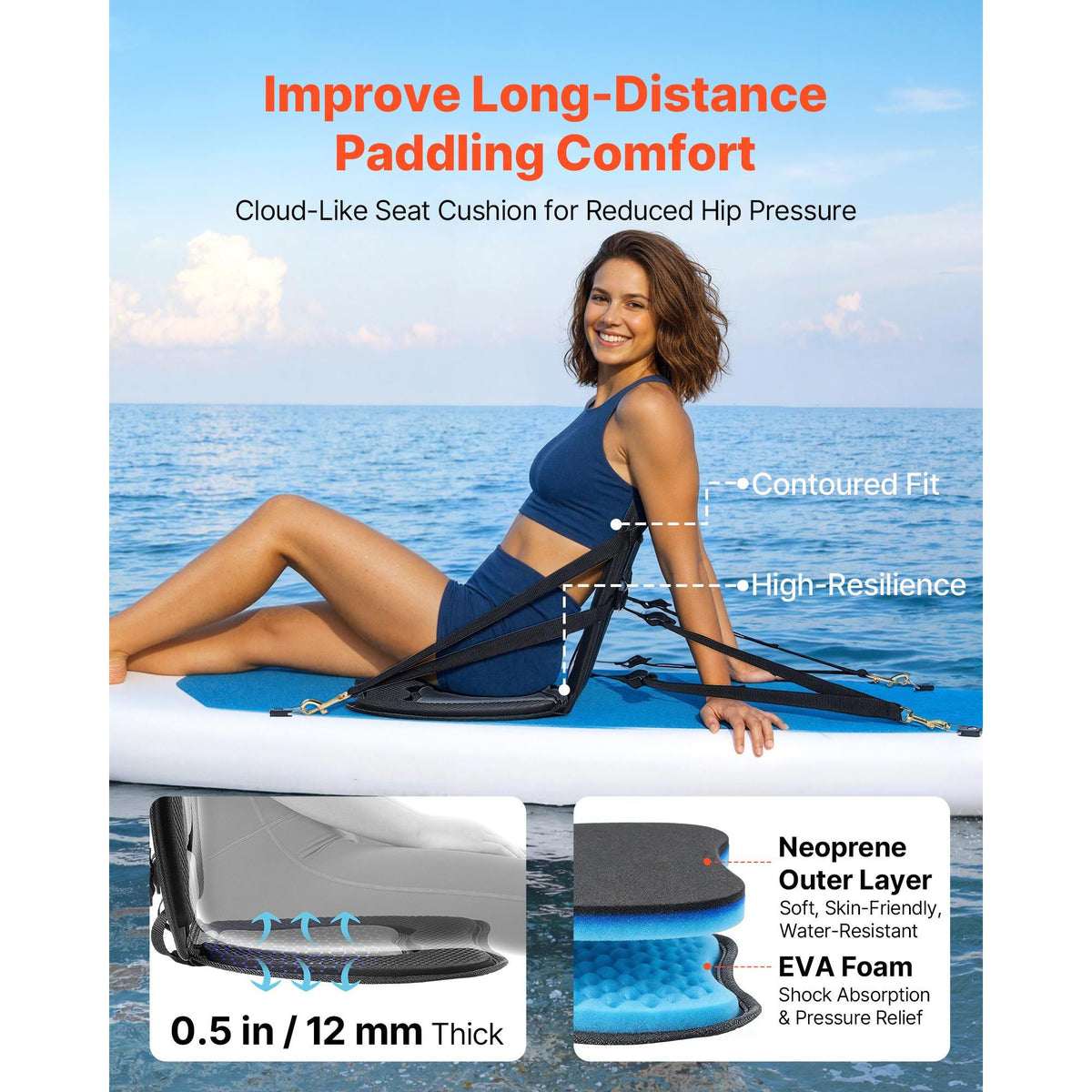 Kayak Seat, 1 Pack 12 mm Thick, Universal Paddle Board Seat with Back Support, Sit-on-Top Soft Padded Cushion with Storage Bag & Adjustable Straps for SUP, Canoe, Fishing Boat, Inflatable Kayak