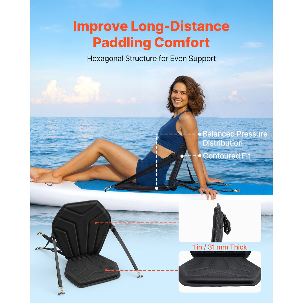 Kayak Seat, 1 Pack 31 mm Thick, Universal Paddle Board Seat with Back Support, Hexagonal Sit-on-Top Soft Padded Cushion with Storage Bag & Adjustable Straps for SUP, Fishing/Inflatable Kayak