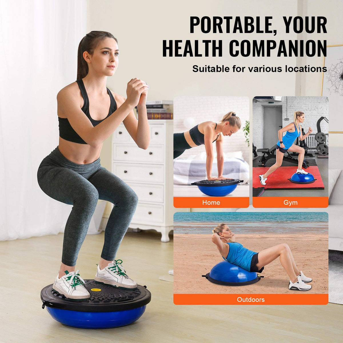 Half Exercise Ball Trainer, 26 inch Balance Ball Trainer, 1500lbs Capacity Stability Ball, Yoga Ball with Resistance Bands & Foot Pump, Strength Fitness Ball for Home Gym Full Body Workout, Blue