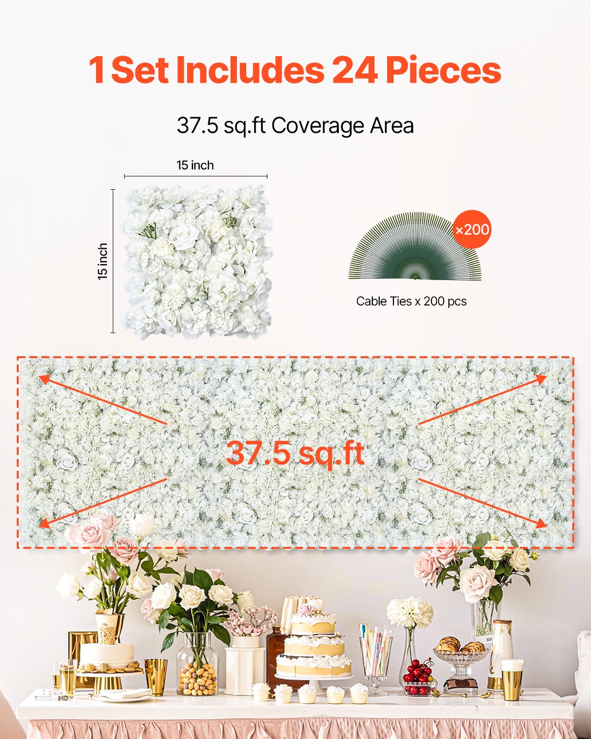 3D Flower Wall Panel, 24 PCS 15 x 15 inch, Artificial Floral Wall Background Mesh Backing Mat,Seamless Design&Easy Installation for Wedding Valentines Day Home Baby Party Backdrop Decor,White
