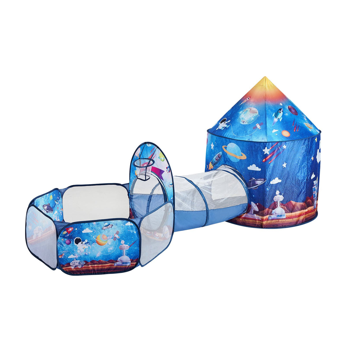 3 in 1 Kids Play Tent with Tunnel for Boys, Girls, Babies and Toddlers, Indoor/Outdoor Pop Up Playhouse with Carrying Bag & Banding Straps Birthday Gifts, Royal Blue Color Rocket Theme