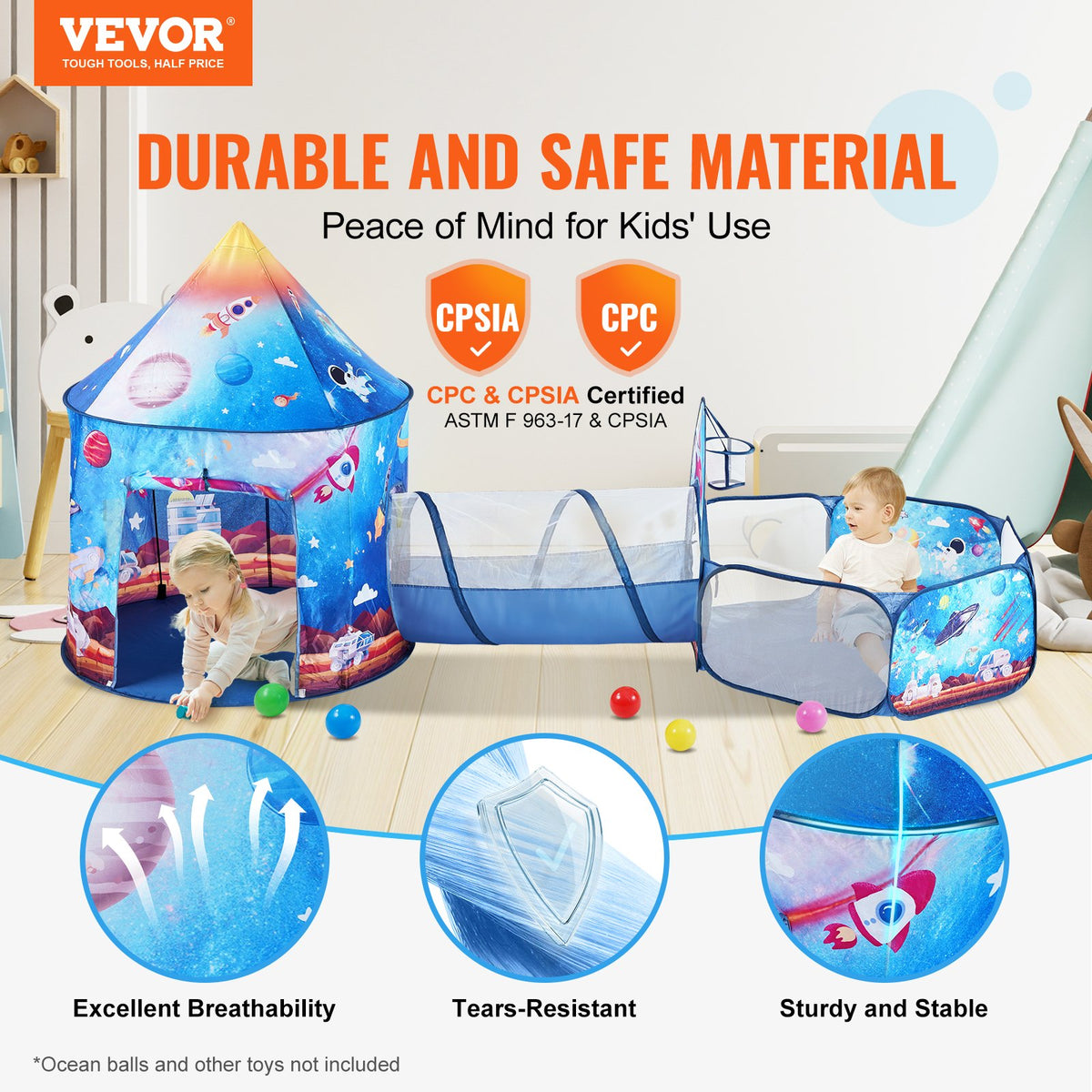 3 in 1 Kids Play Tent with Tunnel for Boys, Girls, Babies and Toddlers, Indoor/Outdoor Pop Up Playhouse with Carrying Bag & Banding Straps Birthday Gifts, Royal Blue Color Rocket Theme