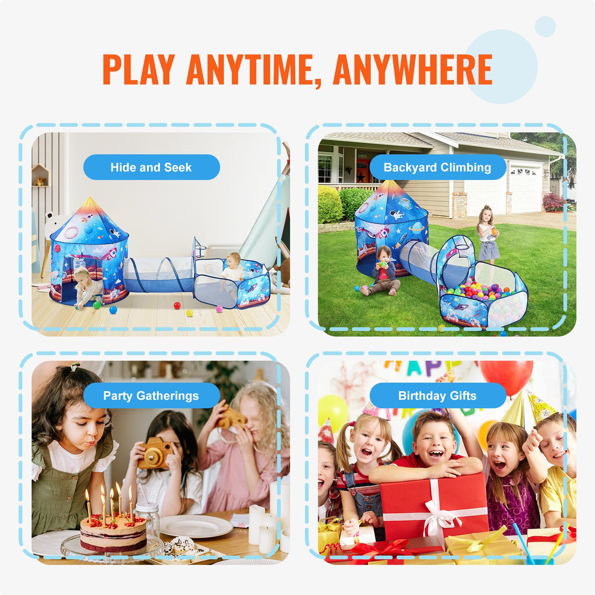 3 in 1 Kids Play Tent with Tunnel for Boys, Girls, Babies and Toddlers, Indoor/Outdoor Pop Up Playhouse with Carrying Bag & Banding Straps Birthday Gifts, Royal Blue Color Rocket Theme
