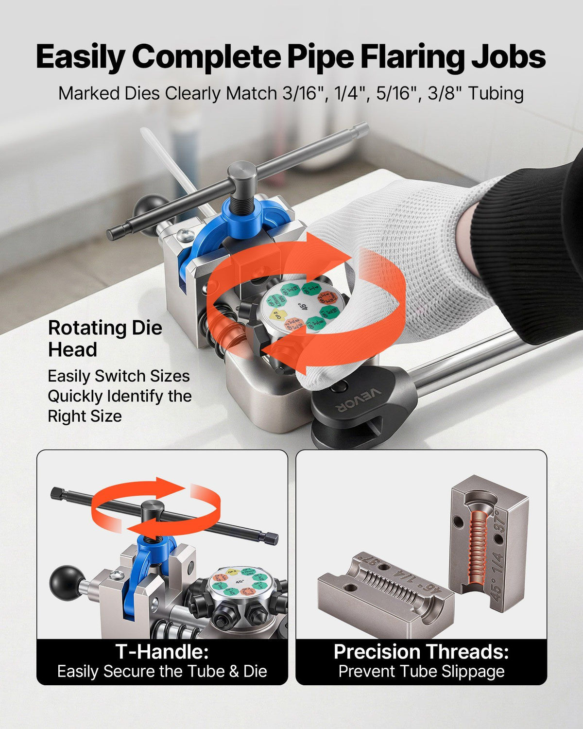 Professional Brake Line Flaring Tool, 45 Degree Double Flare Bubble Flare Tool Kit for 4.76mm, 6.35mm, 7.94mm, 9.52mm Copper Aluminum Thin Steel Tubes