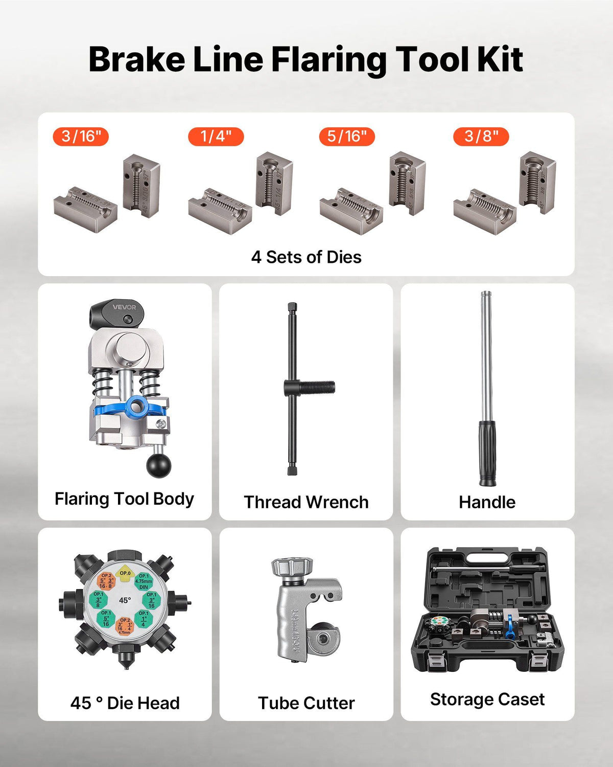 Professional Brake Line Flaring Tool, 45 Degree Double Flare Bubble Flare Tool Kit for 4.76mm, 6.35mm, 7.94mm, 9.52mm Copper Aluminum Thin Steel Tubes