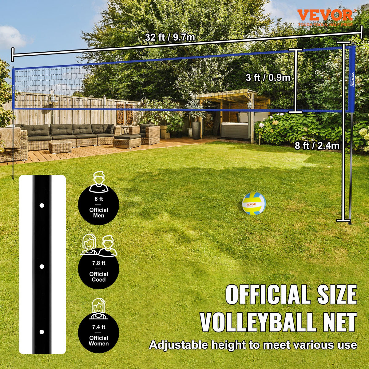 Outdoor Portable Volleyball Net System, Adjustable Height Steel Poles, Professional Volleyball Set with PVC Volleyball, Pump, Carrying Bag, Heavy Duty Volleyball Net for Backyard, Beach, Lawn