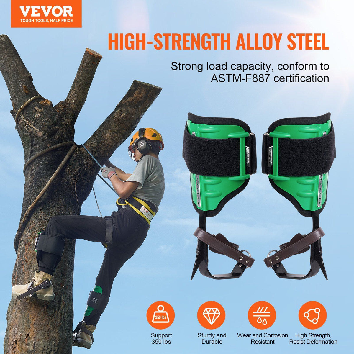 Tree Climbing Spikes, 1 Pair Alloy Steel Climbing Spurs, 350lbs Load Capacity Tree Climbing Gear with Straps and Spike Protectors, Arborist Equipment for Climbers, Hunting, Fruit Picking, Green
