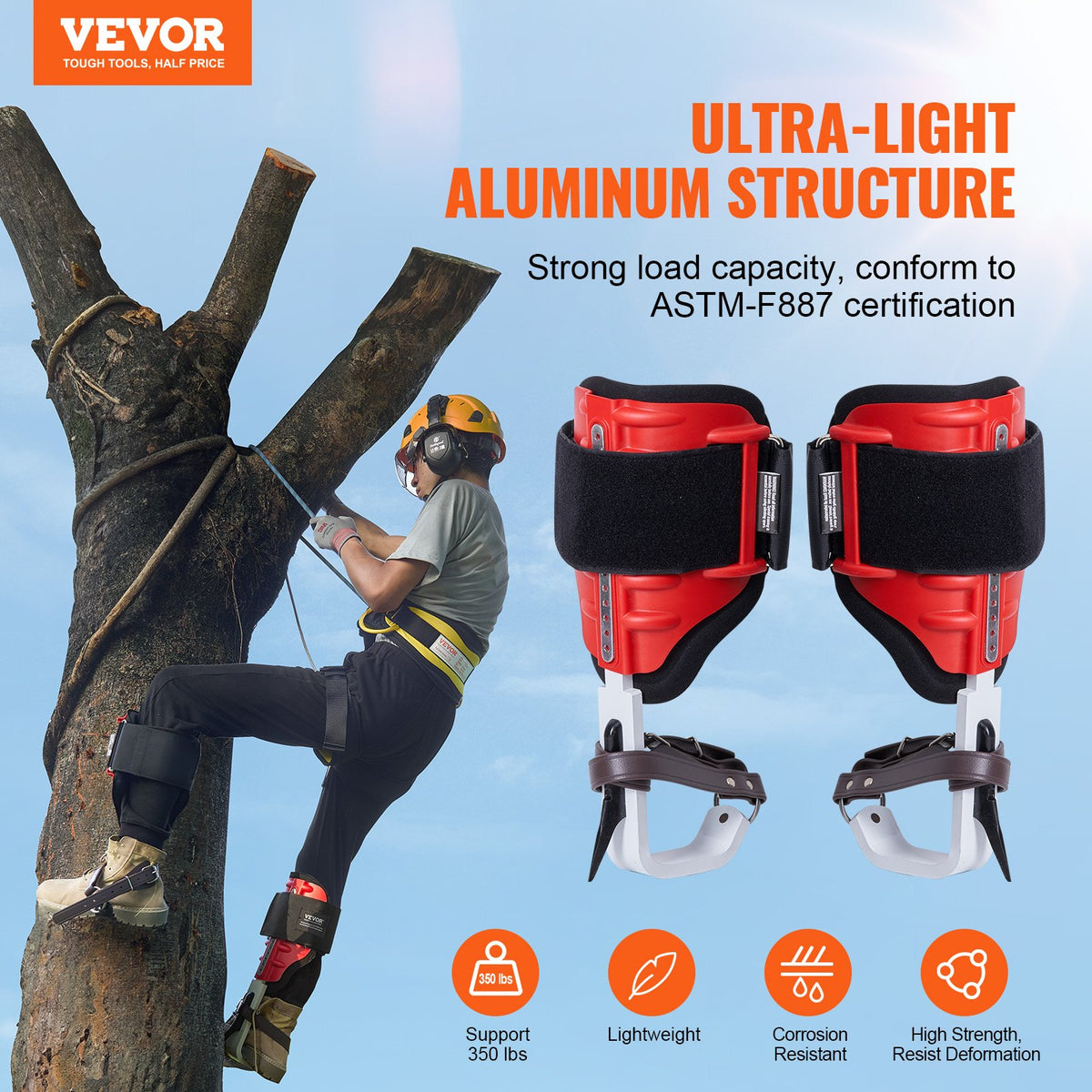 Tree Climbing Spikes, 1 Pair Aluminum Climbing Spurs, 350lbs Load Capacity Tree Climbing Gear with Straps and Spike Protectors, Arborist Equipment for Climbers, Hunting, Fruit Picking, Red