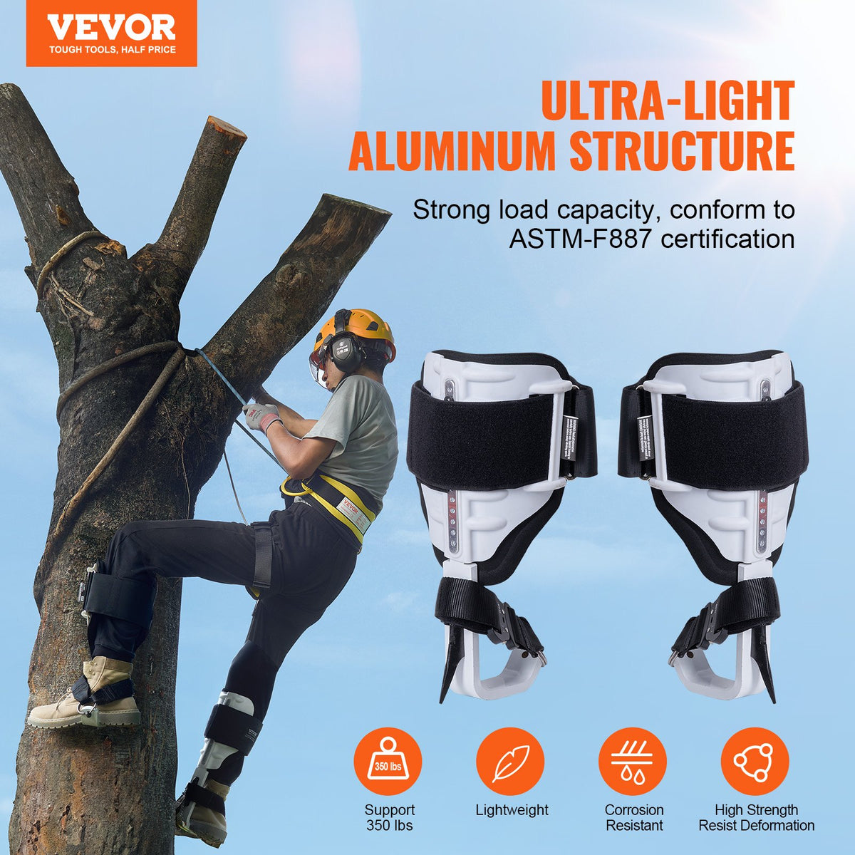 Tree Climbing Spikes, 1 Pair Aluminum Climbing Spurs, 350lbs Load Capacity Tree Climbing Gear with Straps and Spike Protectors, Arborist Equipment for Climbers, Hunting, Fruit Picking, White