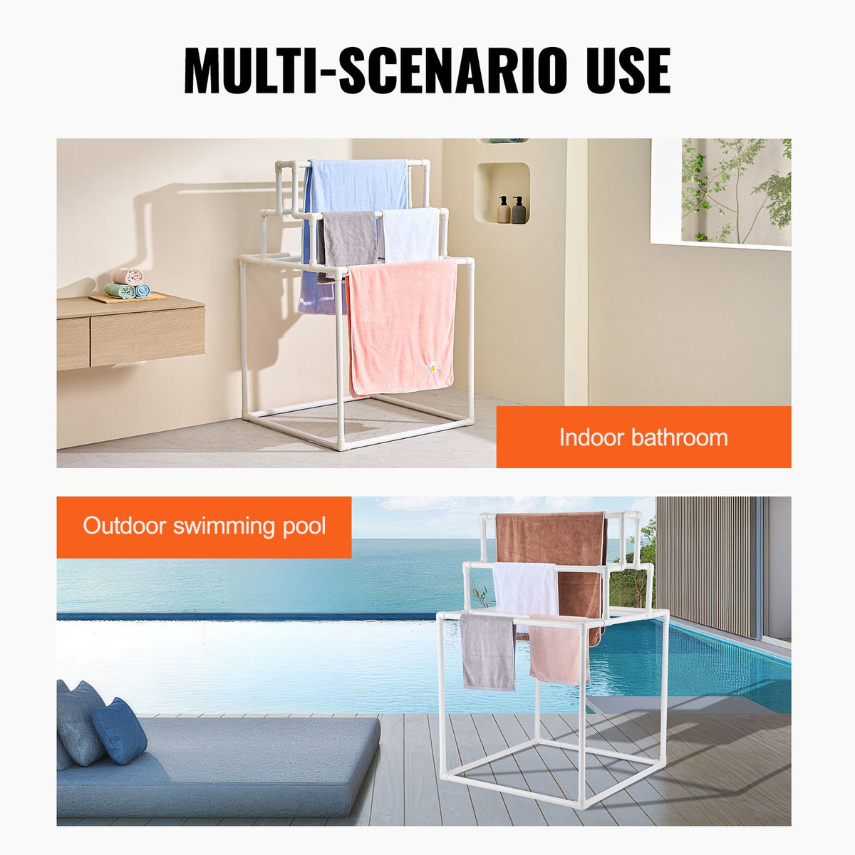 Towel Rack 8-Bar Outdoor PVC Towel Holder for Poolside Spa Bathroom White