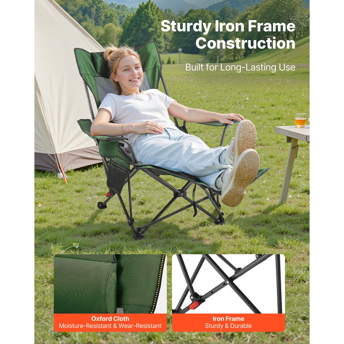 Reclining Camping Chair, 4 Adjustable Positions, Portable Folding Lounger for Adults, Mesh Beach Chair with Headrest & Foot Rest, Supports 220 lbs, Heavy Duty Camp Chairs for Patio, Green