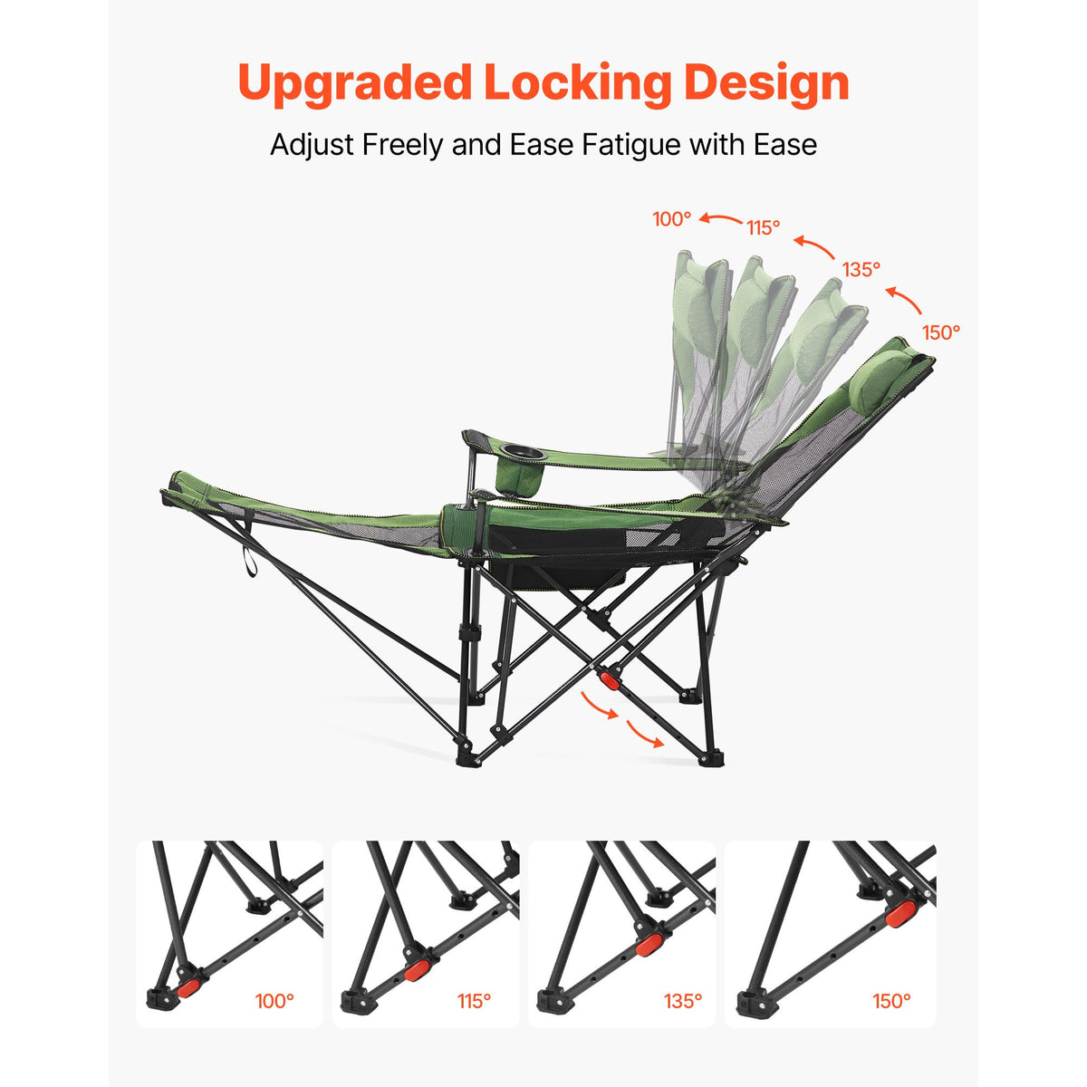 Reclining Camping Chair, 4 Adjustable Positions, Portable Folding Lounger for Adults, Mesh Beach Chair with Headrest & Foot Rest, Supports 220 lbs, Heavy Duty Camp Chairs for Patio, Green