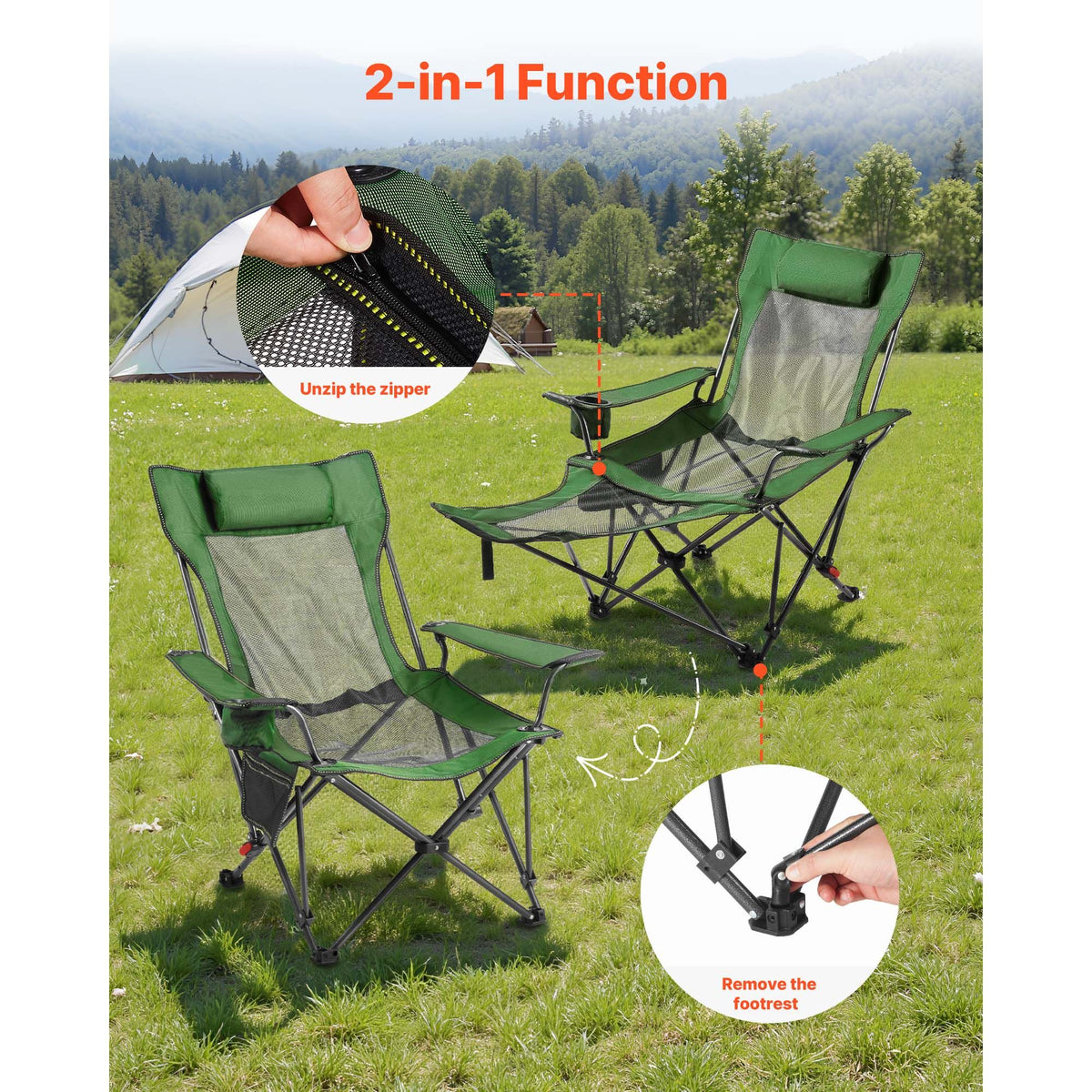Reclining Camping Chair, 4 Adjustable Positions, Portable Folding Lounger for Adults, Mesh Beach Chair with Headrest & Foot Rest, Supports 220 lbs, Heavy Duty Camp Chairs for Patio, Green