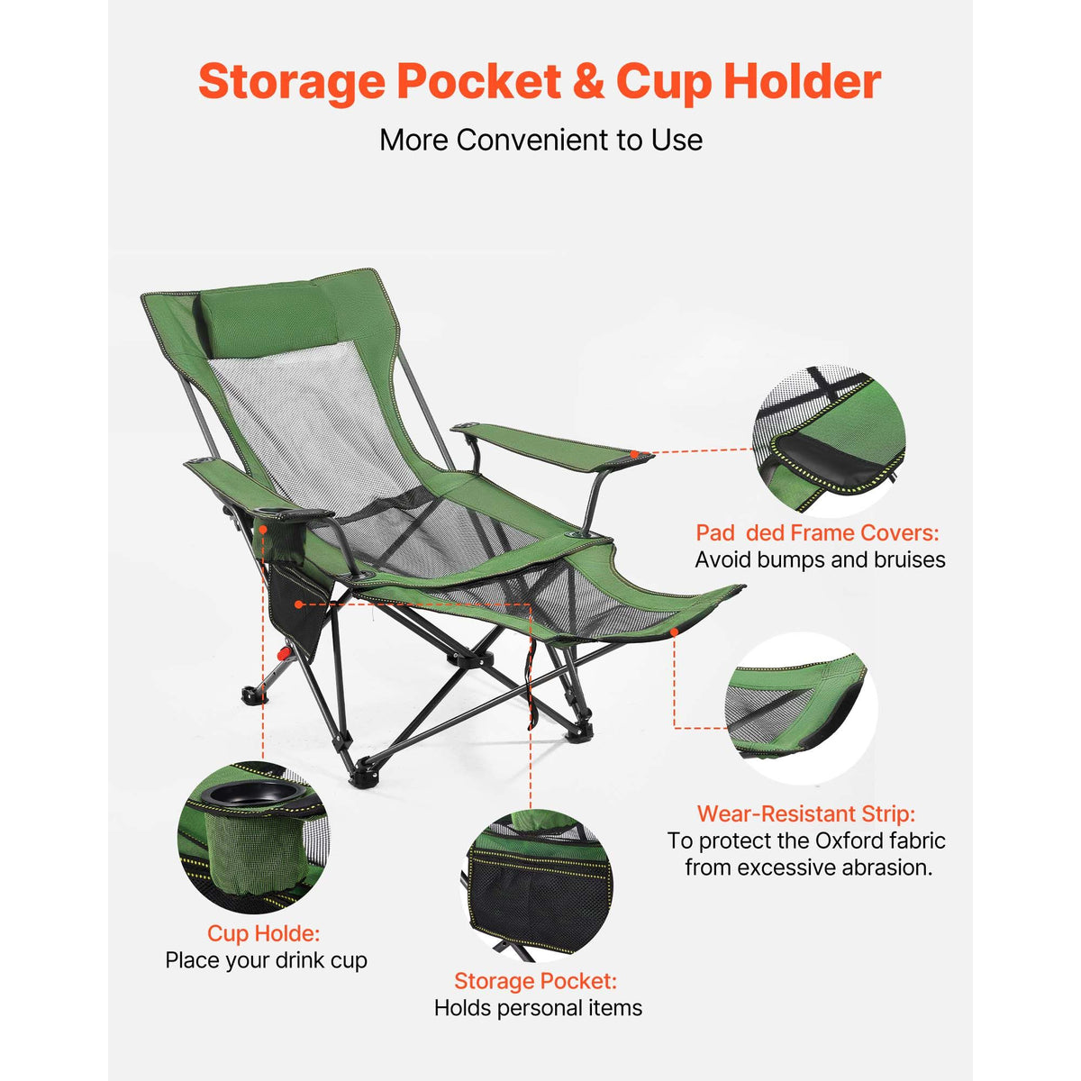 Reclining Camping Chair, 4 Adjustable Positions, Portable Folding Lounger for Adults, Mesh Beach Chair with Headrest & Foot Rest, Supports 220 lbs, Heavy Duty Camp Chairs for Patio, Green