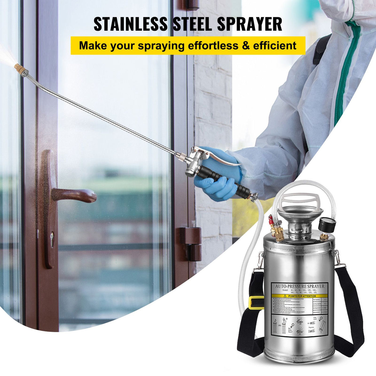 1.5Gal Stainless Steel Sprayer, Set with 16" Wand& Handle& 3.3FT Reinforced Hose, Hand Pump Sprayer with Pressure Gauge&Safety Valve, Adjustable Nozzle Suitable for Gardening& Sanitizing