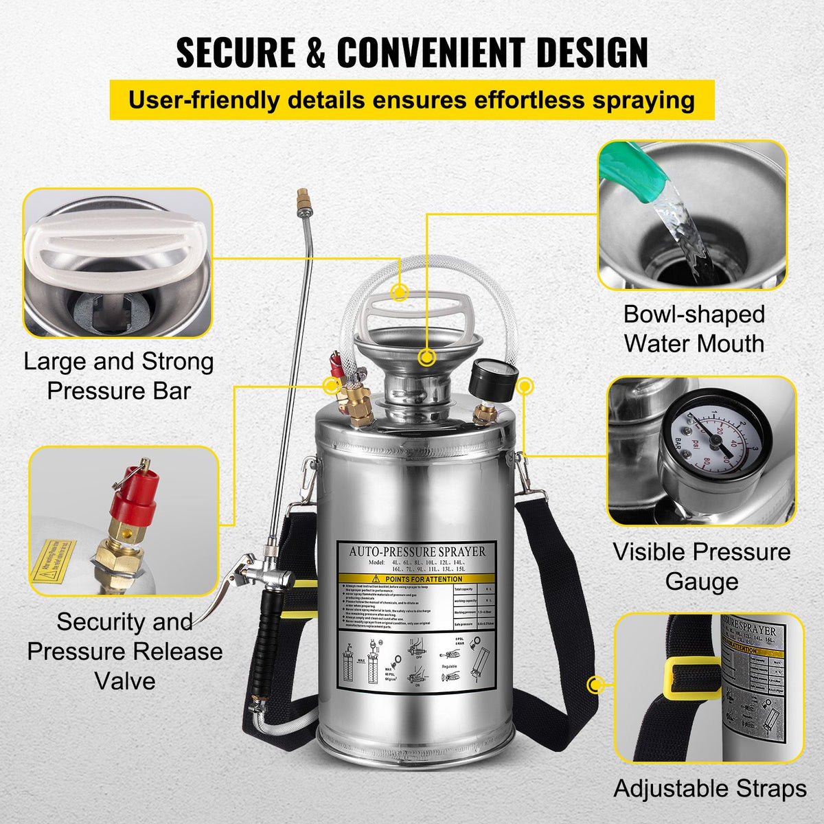 1.5Gal Stainless Steel Sprayer, Set with 16" Wand& Handle& 3.3FT Reinforced Hose, Hand Pump Sprayer with Pressure Gauge&Safety Valve, Adjustable Nozzle Suitable for Gardening& Sanitizing