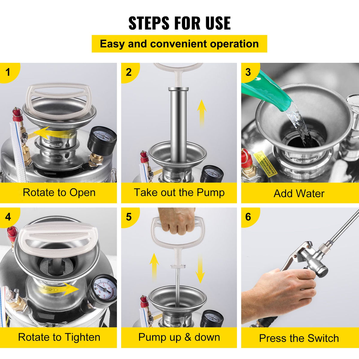 1.5Gal Stainless Steel Sprayer, Set with 16" Wand& Handle& 3.3FT Reinforced Hose, Hand Pump Sprayer with Pressure Gauge&Safety Valve, Adjustable Nozzle Suitable for Gardening& Sanitizing