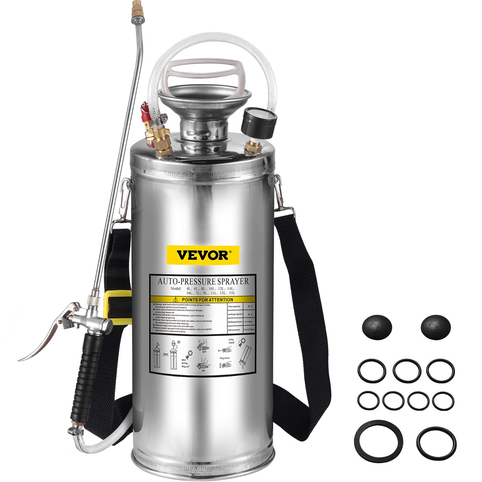 2Gal Stainless Steel Sprayer, Set with 20\" Wand& Handle& 3FT Reinforced Hose, Hand Pump Sprayer with Pressure Gauge&Safety Valve, Adjustable Nozzle Suitable for Gardening and Sanitizing