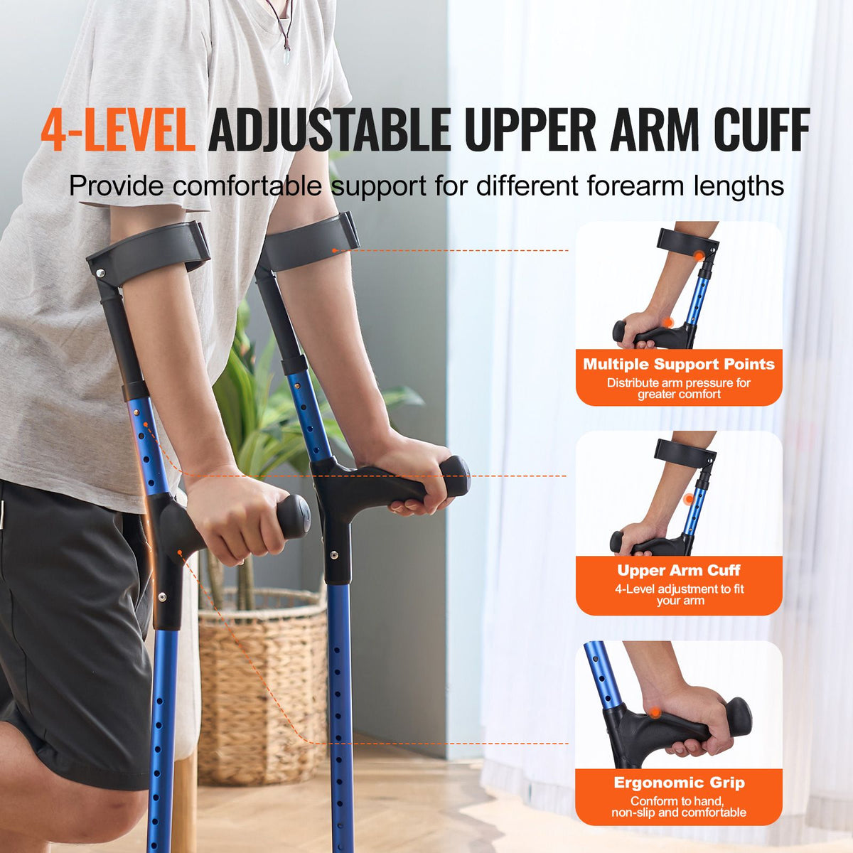 Forearm Crutches for Adults, 11-Level Height Adjustable Walking Crutches with 4-Level Upper Cuff, Lightweight Aluminum Medical Support Crutches for Leg Injury Surgery Disabled, 1 Pair (350LBS)