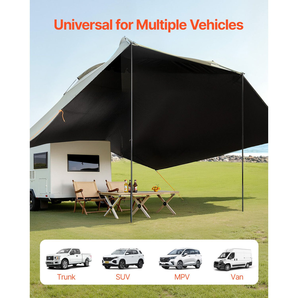 Vehicle Awning, Large 10' x 7' Shade Coverage Car Side Awning, PU2000mm UV50+ Car Awning with Extended Side Canopies and Portable Storage Bag, Suitable for Truck, SUV, Van, Campers