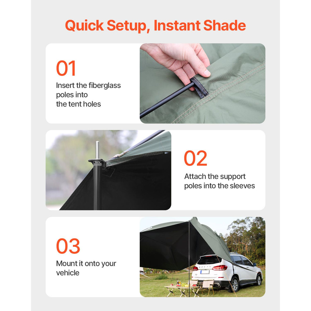 Vehicle Awning, Large 10' x 7' Shade Coverage Car Side Awning, PU2000mm UV50+ Car Awning with Extended Side Canopies and Portable Storage Bag, Suitable for Truck, SUV, Van, Campers