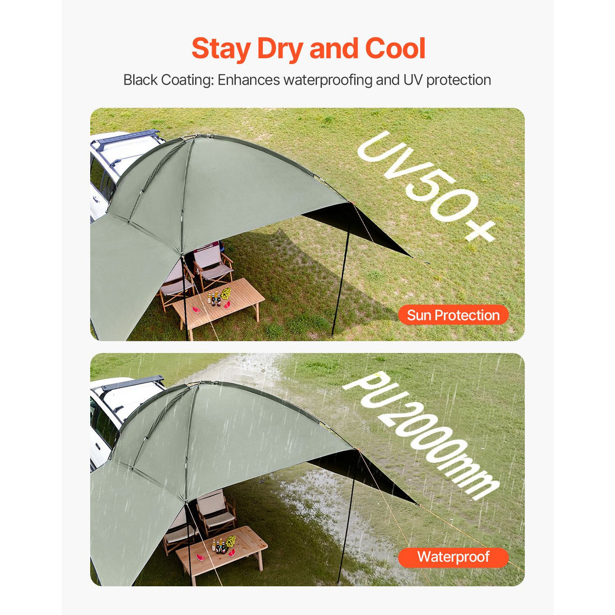 Vehicle Awning, Large 10' x 7' Shade Coverage Car Side Awning, PU2000mm UV50+ Car Awning with Extended Side Canopies and Portable Storage Bag, Suitable for Truck, SUV, Van, Campers