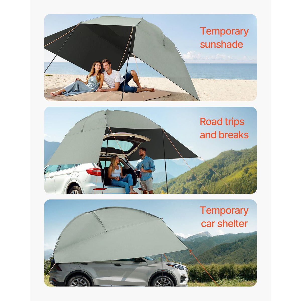 Vehicle Awning, Large 10' x 7' Shade Coverage Car Side Awning, PU2000mm UV50+ Car Awning with Extended Side Canopies and Portable Storage Bag, Suitable for Truck, SUV, Van, Campers