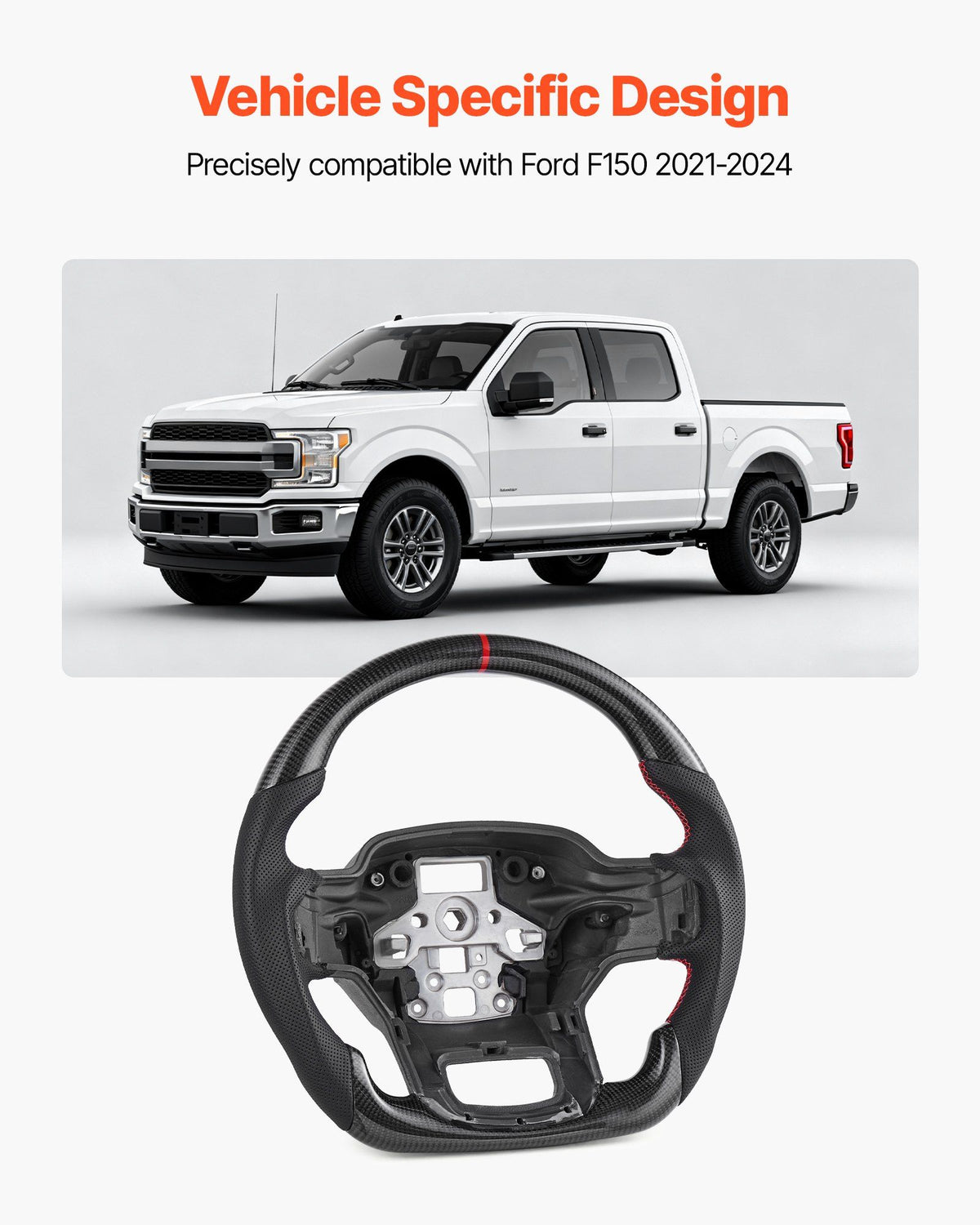 Steering Wheel for 2021-2024 Ford F150, Carbon Fiber Steering Wheel D-Shaped Flat-Bottom, Leather Grip with Non-Slip Texture & Precise Stitching, Accessories Replacement for Ford F150, Black
