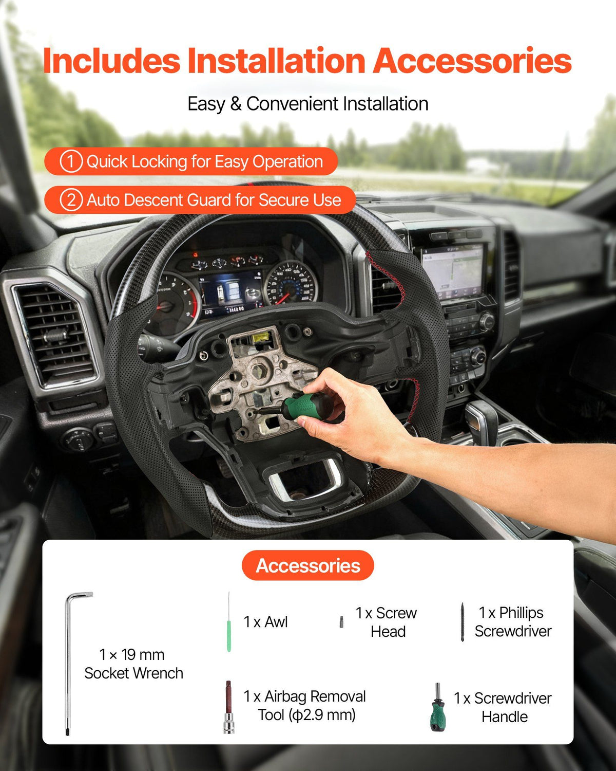 Steering Wheel for 2021-2024 Ford F150, Carbon Fiber Steering Wheel D-Shaped Flat-Bottom, Leather Grip with Non-Slip Texture & Precise Stitching, Accessories Replacement for Ford F150, Black