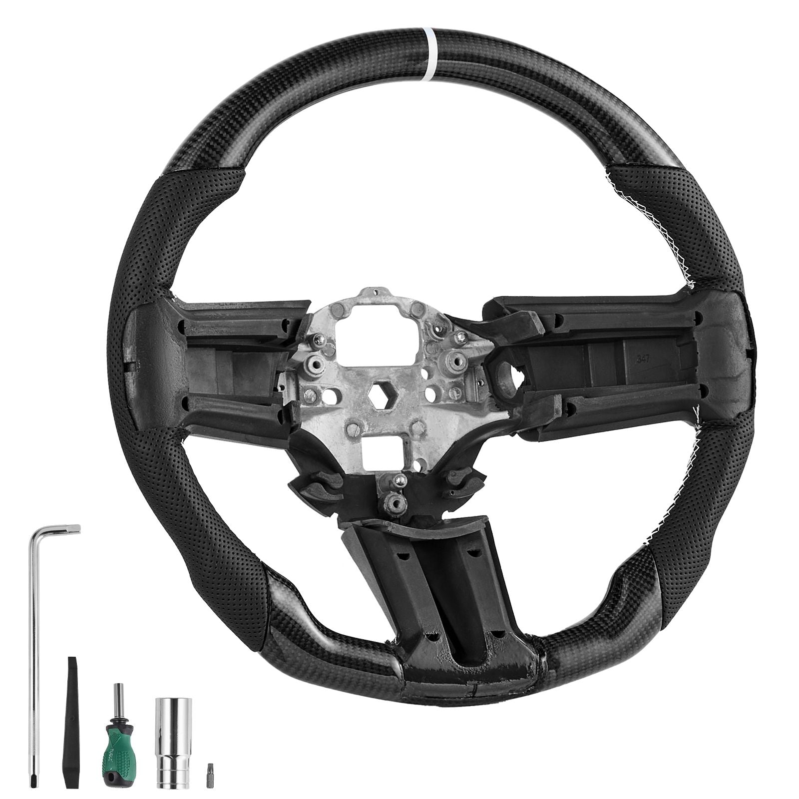 Steering Wheel for 2010-2014 Ford Mustang, Carbon Fiber Steering Wheel D-Shaped Flat-Bottom, Leather Grip with Non-Slip Texture & Precise Stitching, Accessories Replacement for Mustang, Black