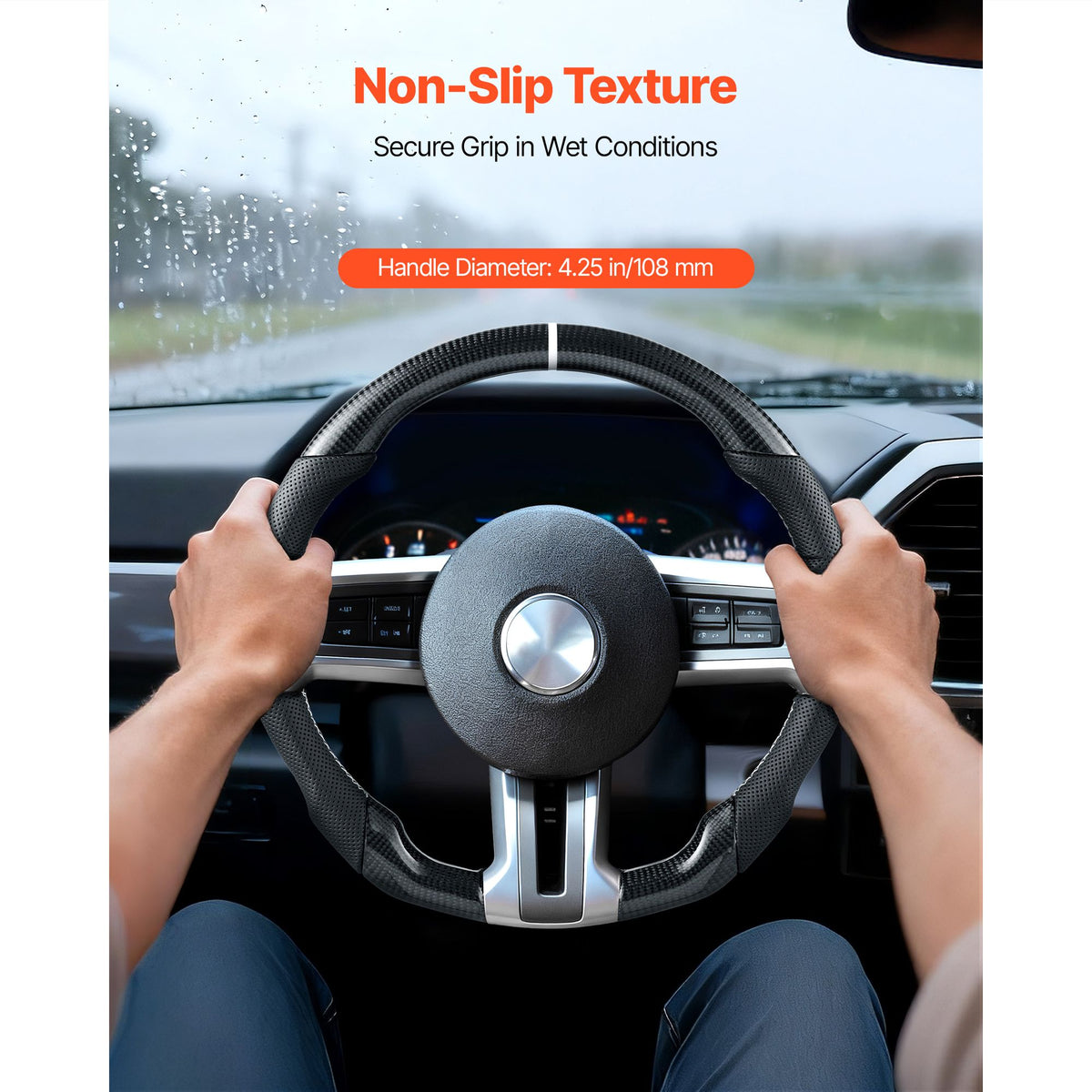 Steering Wheel for 2010-2014 Ford Mustang, Carbon Fiber Steering Wheel D-Shaped Flat-Bottom, Leather Grip with Non-Slip Texture & Precise Stitching, Accessories Replacement for Mustang, Black