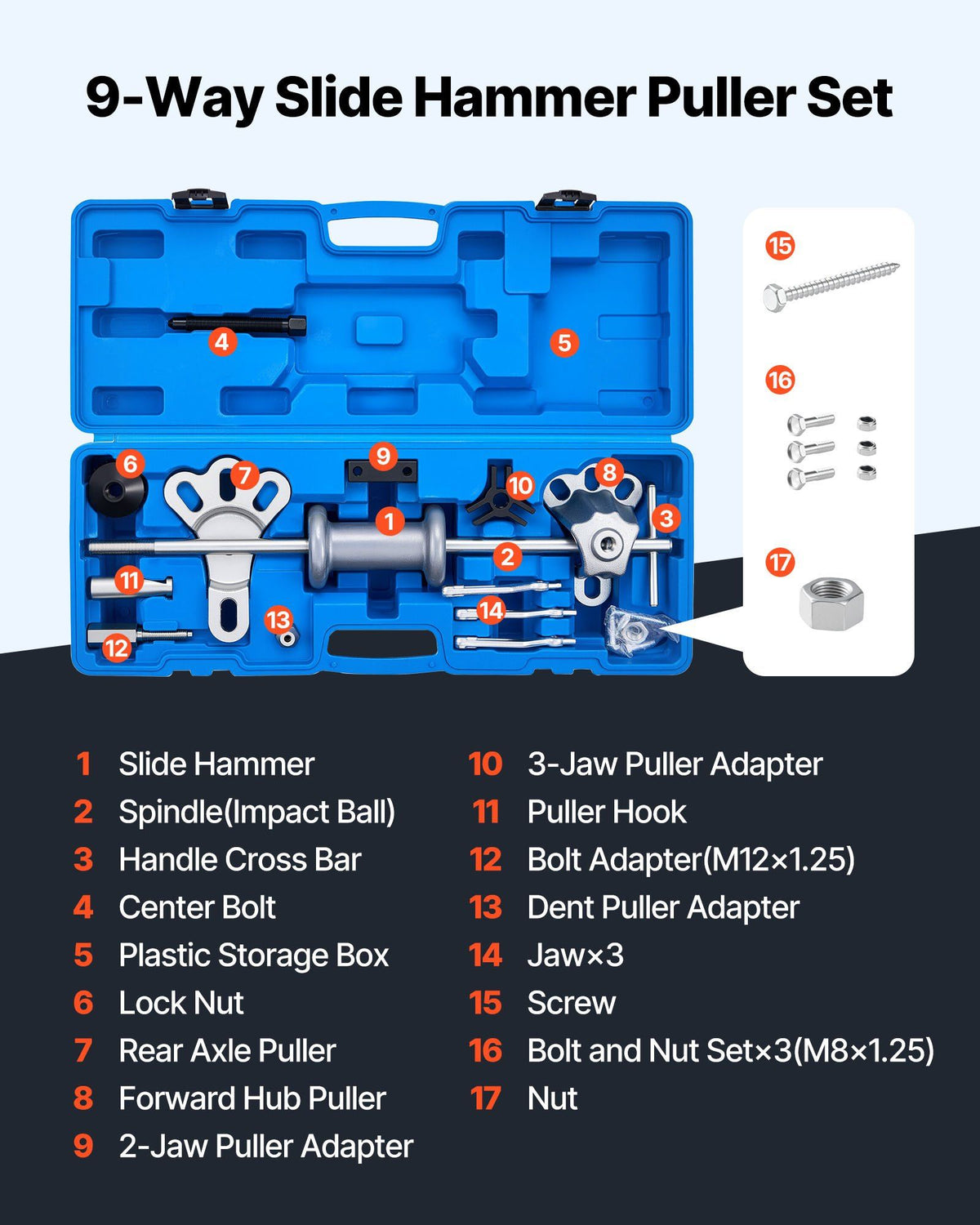 9-Way Slide Hammer Puller Set, 15PCS Front Wheel Hub Bearing Remover & Rear Wheel Axle Hub Dent Shaft Puller Tool Kit, Axle Bearing Puller Tool Kit and Slide Hammer Remover Set with Carry Box