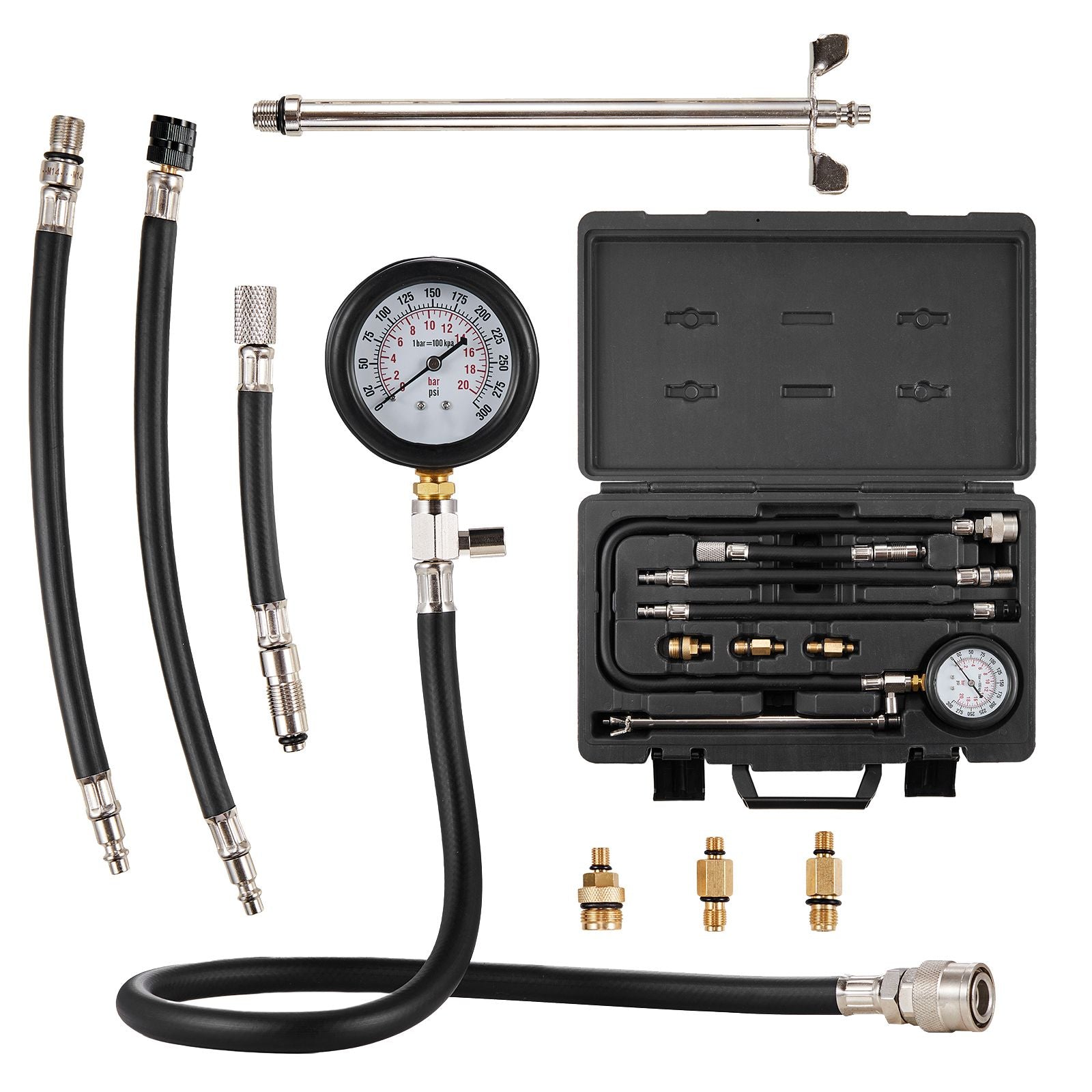 Compression Tester Adapter Kit, 9 Pcs Automotive Engine Cylinder Leak Down Compression Test, Accurate Dual Scale Pressure Gauge 0-300 psi, with Long Reach Hoses and Case for Engine Cylinders