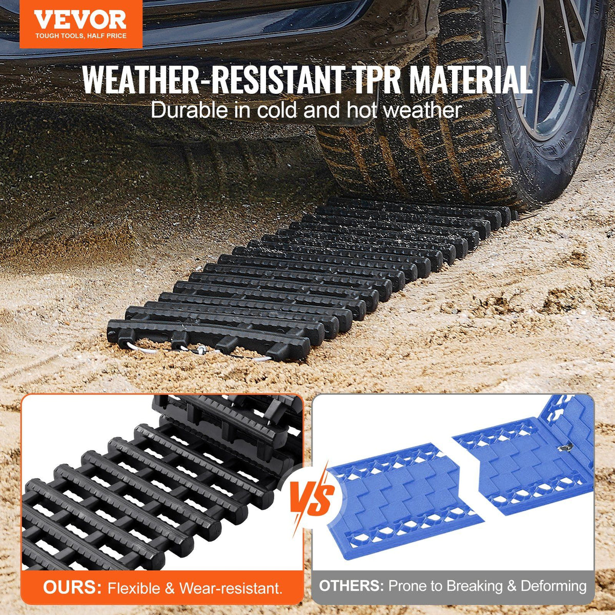 7 TON Traction Boards with TPR Material, Recovery Boards for Off-road Vehicles/Cars/Pickups/SUVs/RVs, Pair Tire Traction Mats on Snow, Sand, Mud and Loose Terrain, Storage Bags, Short, Black