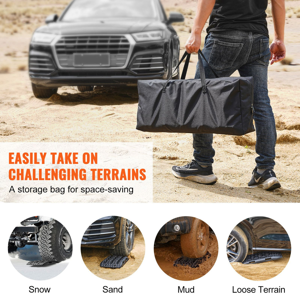 2PCS Traction Boards with PP for Mud Snow Sand Storage Bag Short Black