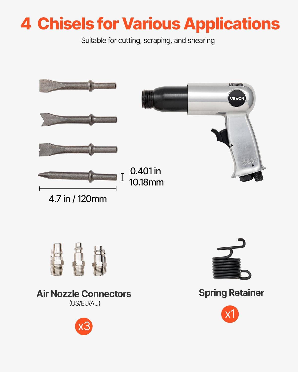 Air Hammer, 3500BPM Pneumatic Hammer with 70mm Stroke & 4PCS Chisels Round Shank, Pistol-Grip Compact Air Chisel Pneumatic Shovel Tool for Cutting Punching Scraping